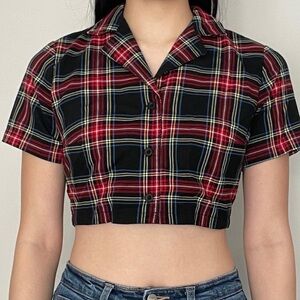 Brandy Melville/John Galt Red and Black Plaid Short Sleeve Crop Top
